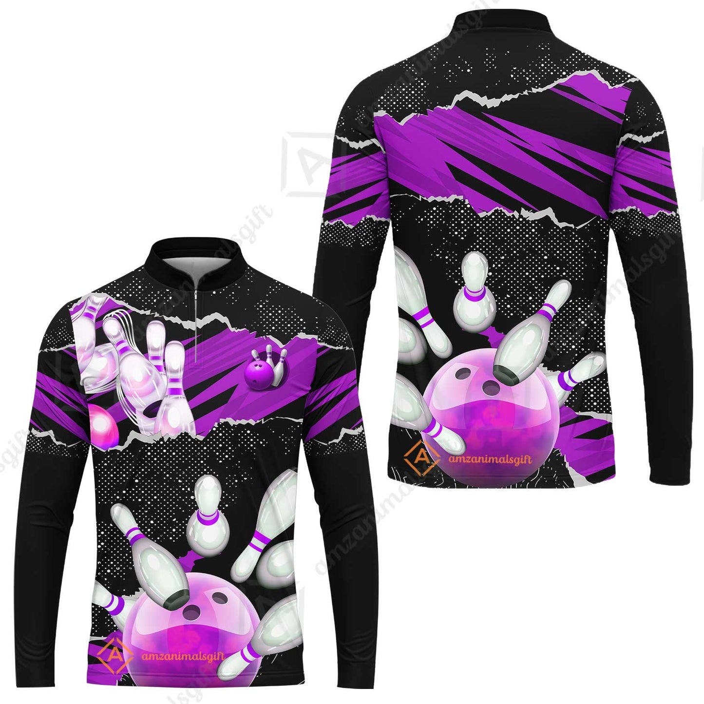 Personalized Bowling Team Long Sleeve Jersey, Bowling Uniforms Ball & Pins Sport Pattern Custom Name And Team Name