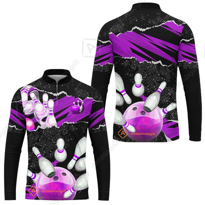 Personalized Bowling Team Long Sleeve Jersey, Bowling Uniforms Ball & Pins Sport Pattern Custom Name And Team Name