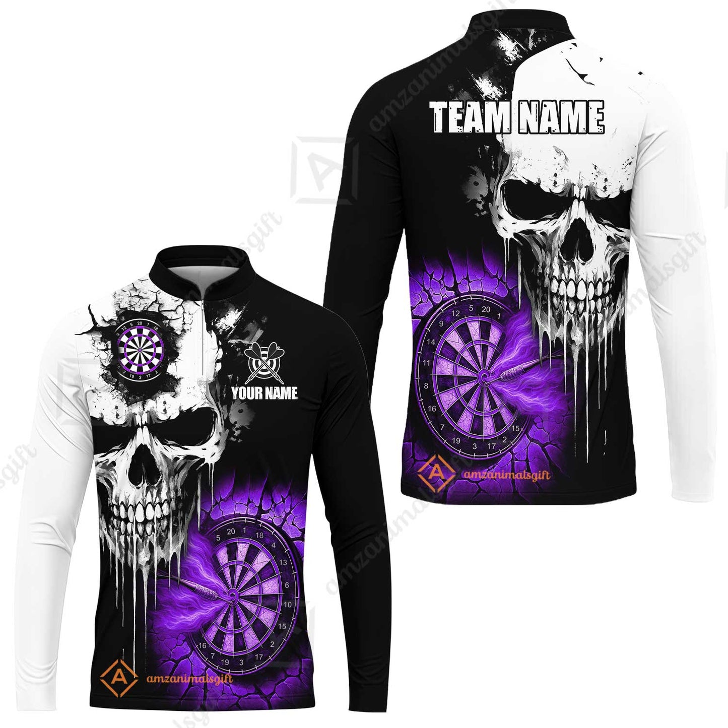 Custom Grunge Skull Crack Wall Darts Team Long Sleeve Jersey, Customized Name Team Name Darts Polo Team Jerseys Uniform