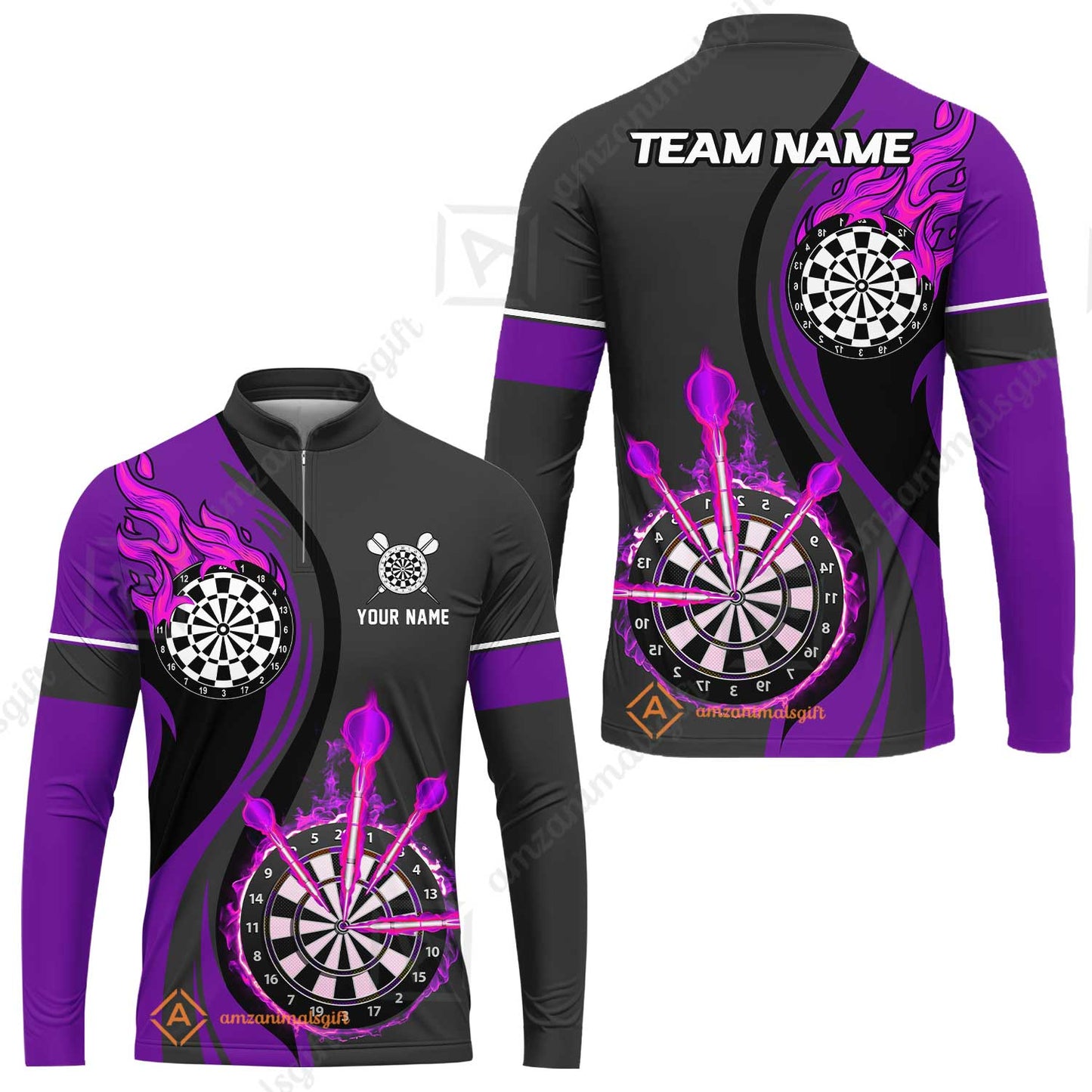 Custom Tailored Fire Flames Darts Team Jersey Polo Quarter-Zip Shirts, Customized Name Team Name Darts Team Jerseys Uniform
