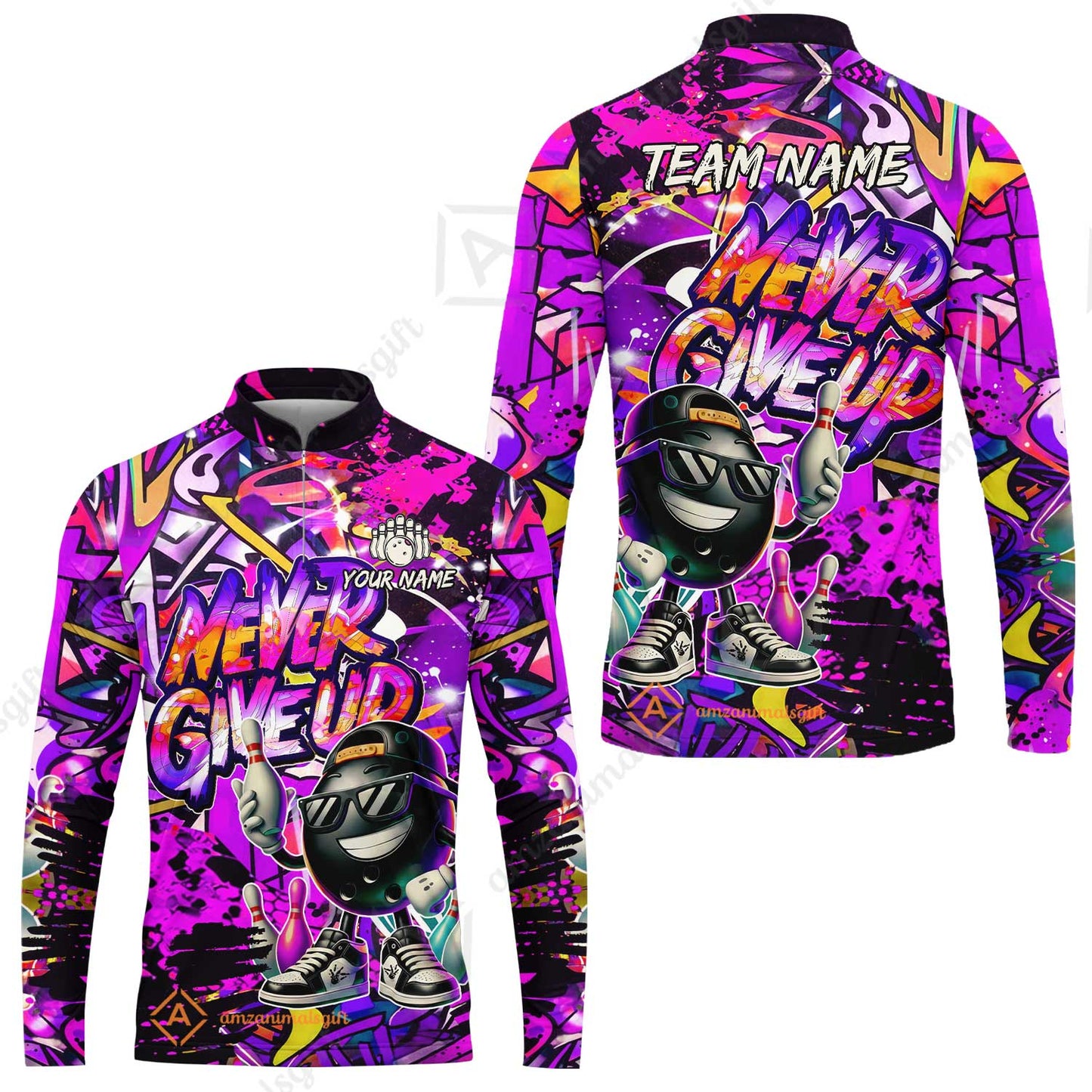 Customized Bowling Unisex Polo Shirt, Graffiti Bowling Funny Never Give Up Bowling Uniform, Personalized Name And Team Name