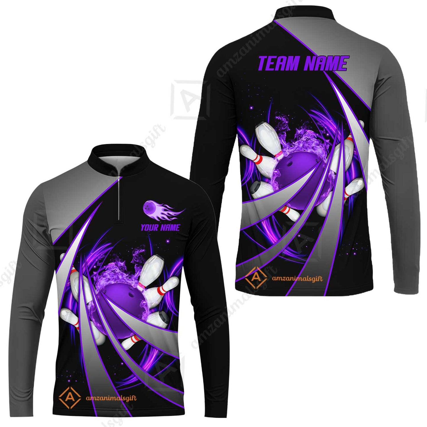 Customized Bowling Unisex Polo, Flame Bowling And Pins Tornado Pattern Multicolor Option Customized Name Zipper Polo Jerseys Shirts
