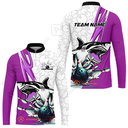 Custom Shark Bowling Team Jersey,  Shark Bowling Jersey Multicolor Polo Quarter-Zip Shirts, Bowling Uniforms Jerseys, Custom Name And Team Name
