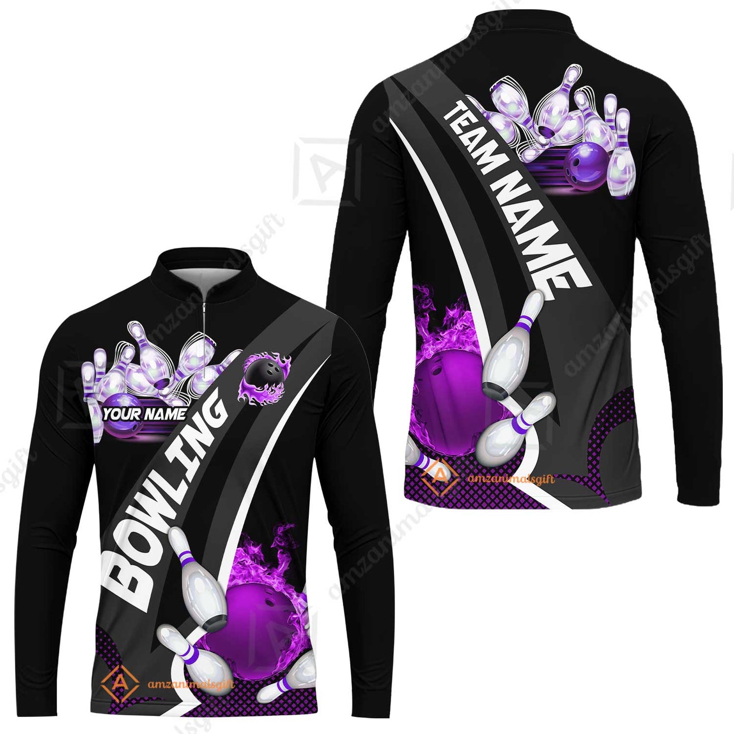Customized Bowling Polo, Bowling And Pins Plame Premium Multicolor Option Personalized Name And Team Zipper Polo Jerseys Shirts