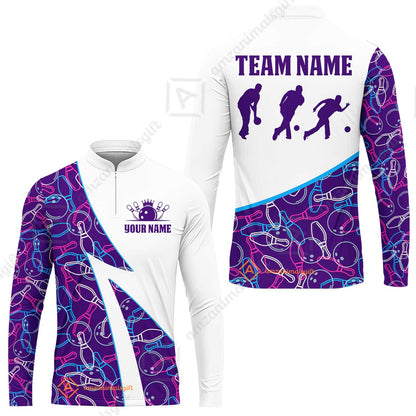 Custom Bowling Team Bowling Jersey, Neon Pattern Bowling Jersey With Player Silhouettes Multicolor Polo Quarter-Zip Shirts, Custom Bowling Uniforms Jerseys