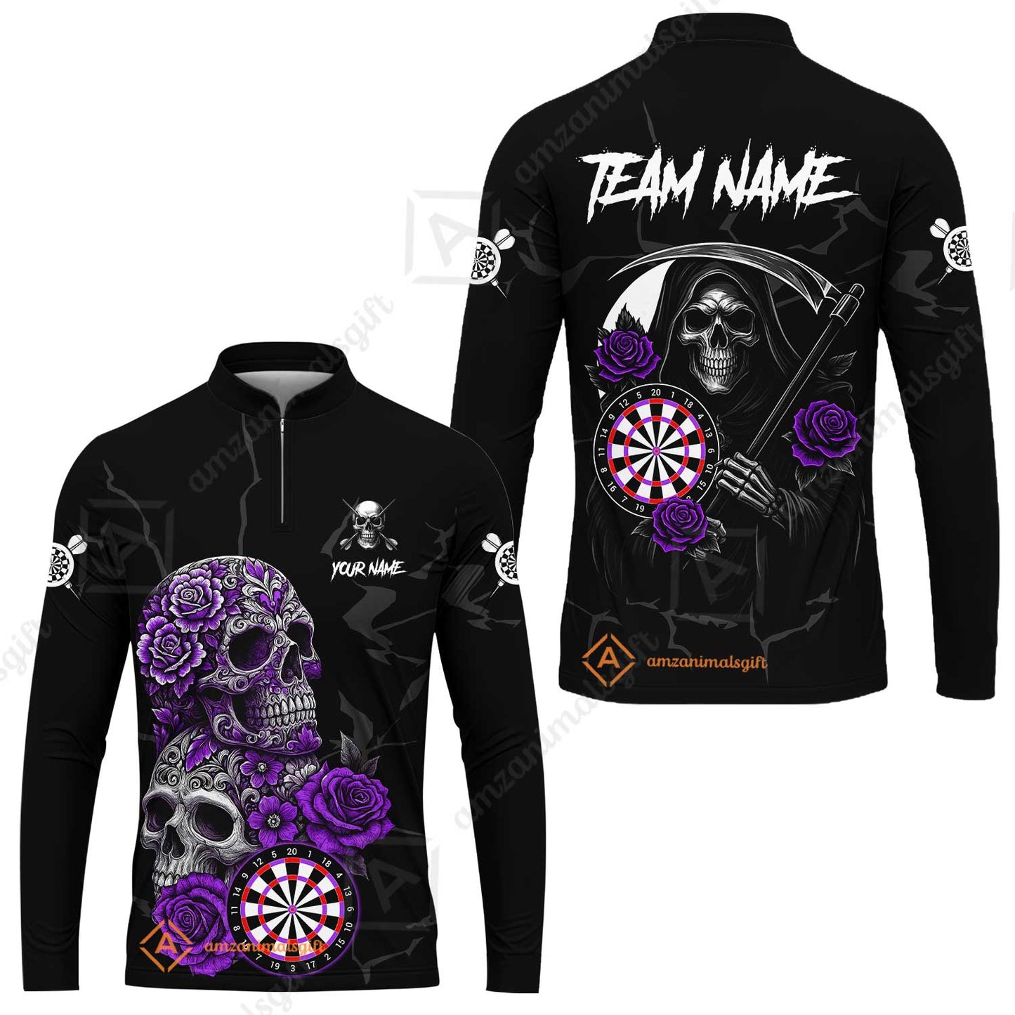 Customized Darts Long Sleeve Jersey, Darts Turquoise Skull Roses Dartboard Zip Polo Style Jersey for Darts Players