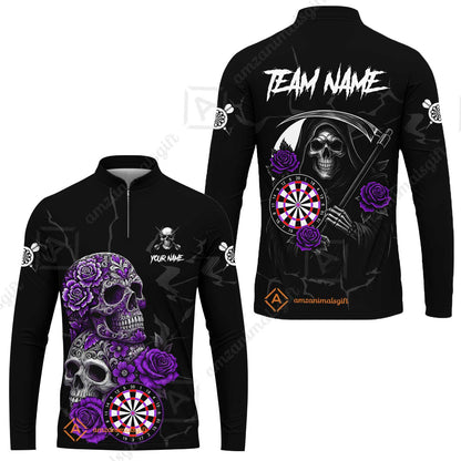 Customized Darts Long Sleeve Jersey, Darts Turquoise Skull Roses Dartboard Zip Polo Style Jersey for Darts Players