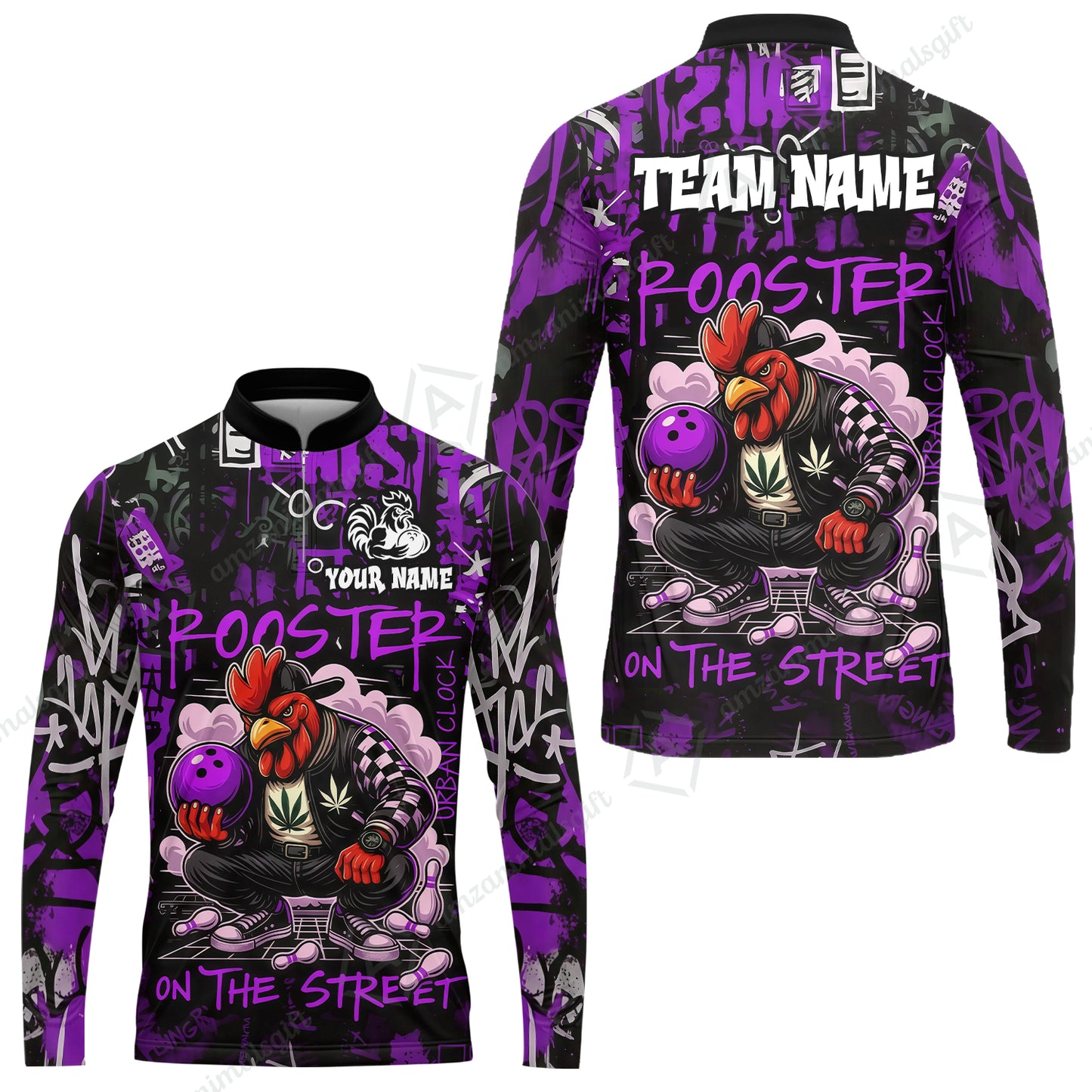 Customized Bowling Unisex Polo Shirt, Urban Streetwear Chicken Bowling Rooster On The Street, Personalized Name Team Name