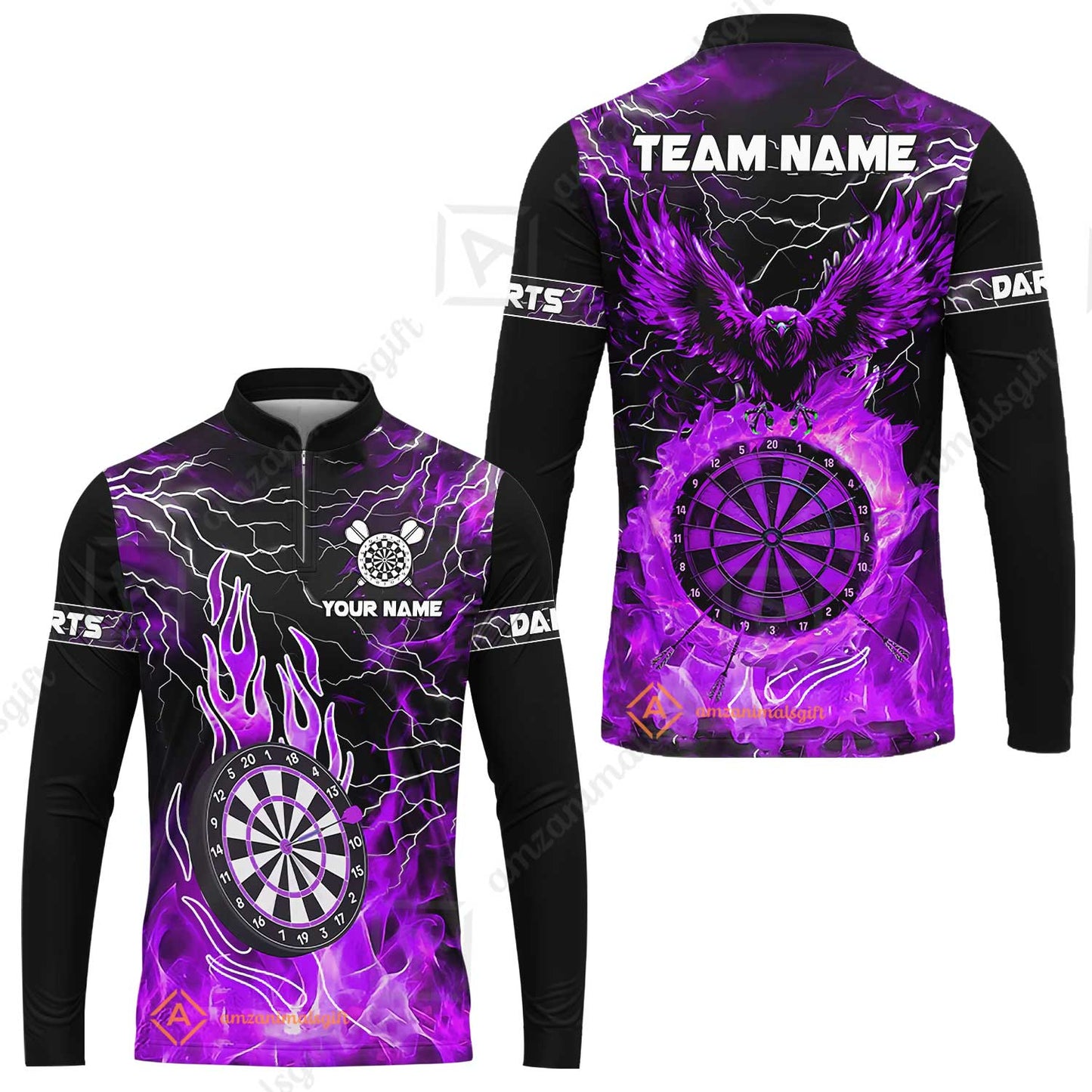 Custom Darts Team Jersey, Dartboard Fire Flame Custom Eagle Darts Jersey Polo Quarter-Zip Shirts, Custom Name And Team Name Darts Uniforms Jersey