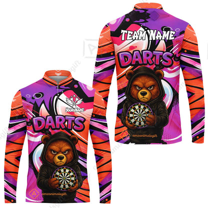 Customized Darts Team Uniform Shirt, Custom Darts Team Collar Quarter-Zip, Personalized Bear Darts Shirt with Name & Team Name
