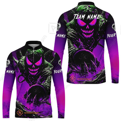 Custom Bowling Team Flat Neck Zip Jersey Shirt, Devil’s Strike Devil’s Strike Power Bowling Edition, Personalized Team Shirt with Custom Name