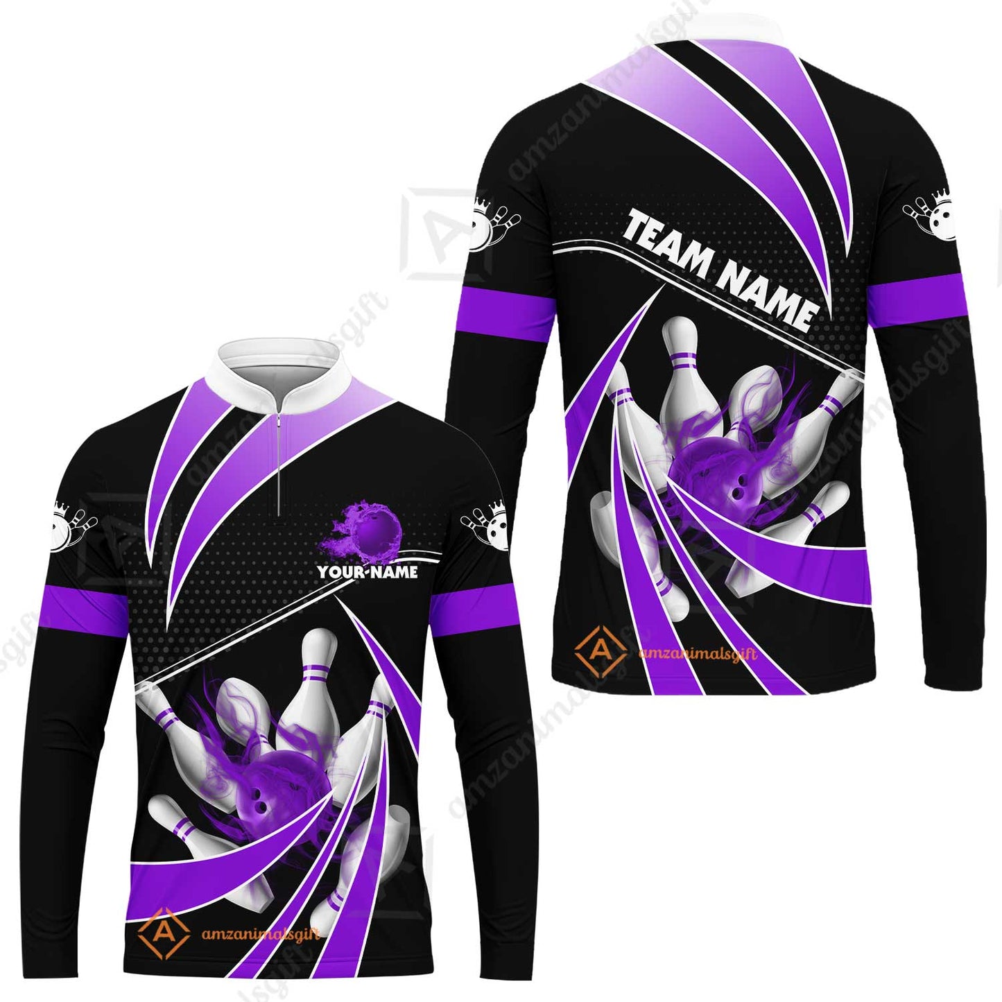 Customized Bowling Long Sleeve Jersey, Bowling Ball & Pins Fire Light Sport Long Sleeve Jersey Multicolor Option For Bowlers