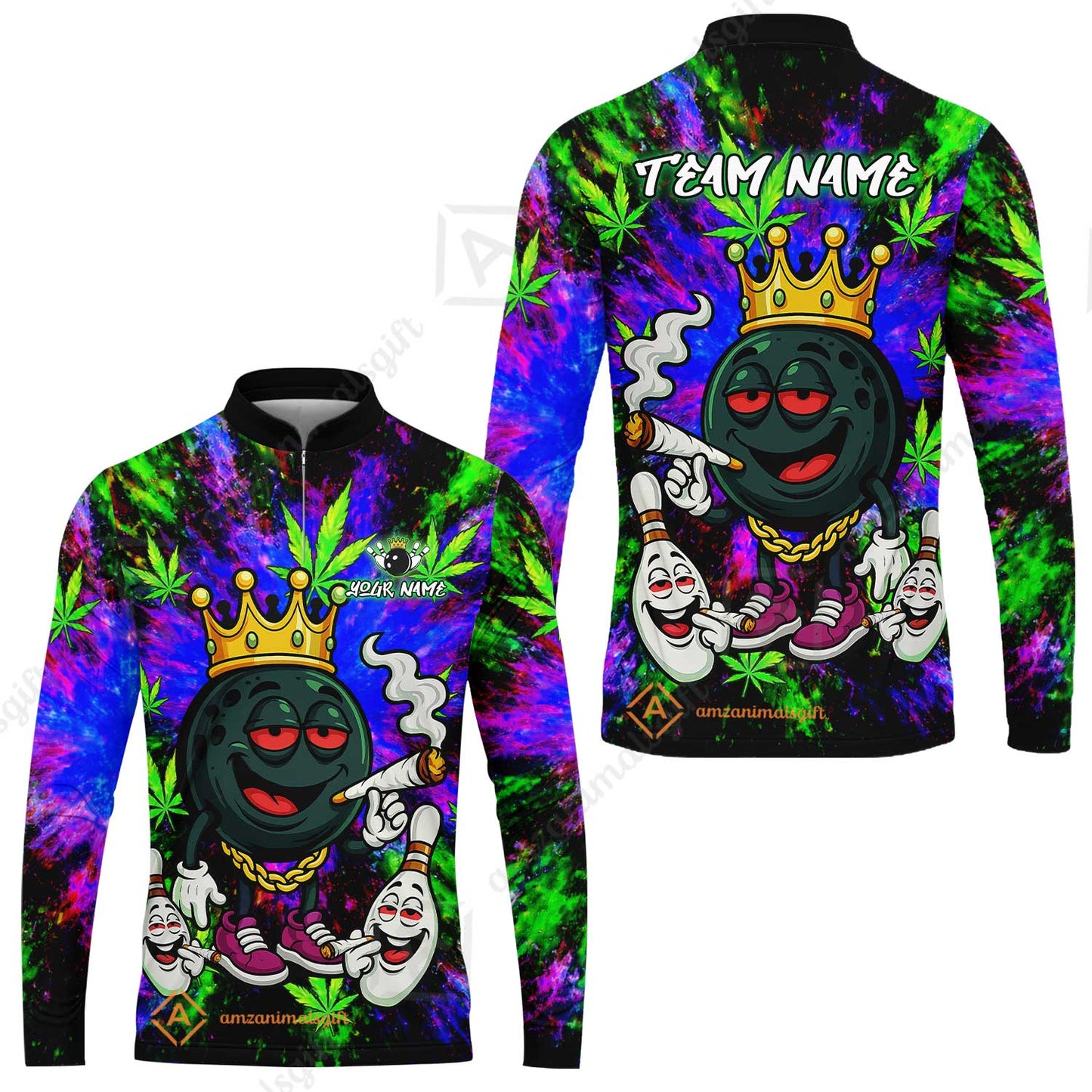 Custom Bowling Team Flat Neck Zip Jersey Shirt, King Smoke Tie-Dye Personalized Team Shirt, Custom Name and Team Name for Bowlers