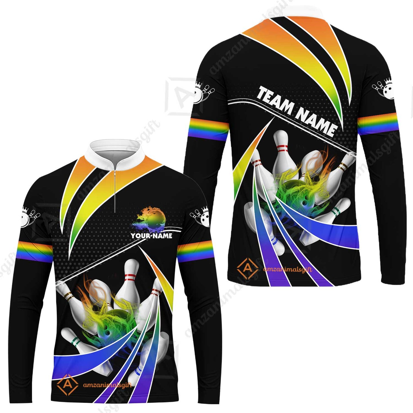 Customized Bowling Long Sleeve Jersey, Bowling Ball & Pins Fire Light Sport Long Sleeve Jersey Multicolor Option For Bowlers