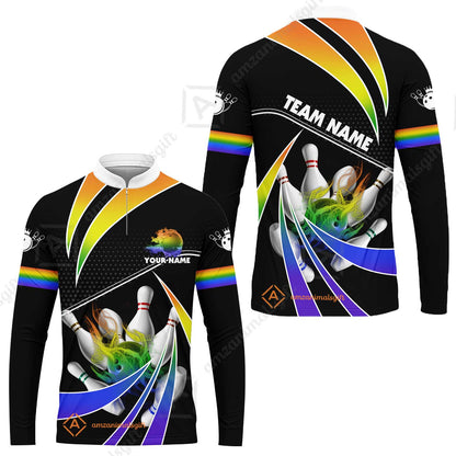 Customized Bowling Long Sleeve Jersey, Bowling Ball & Pins Fire Light Sport Long Sleeve Jersey Multicolor Option For Bowlers