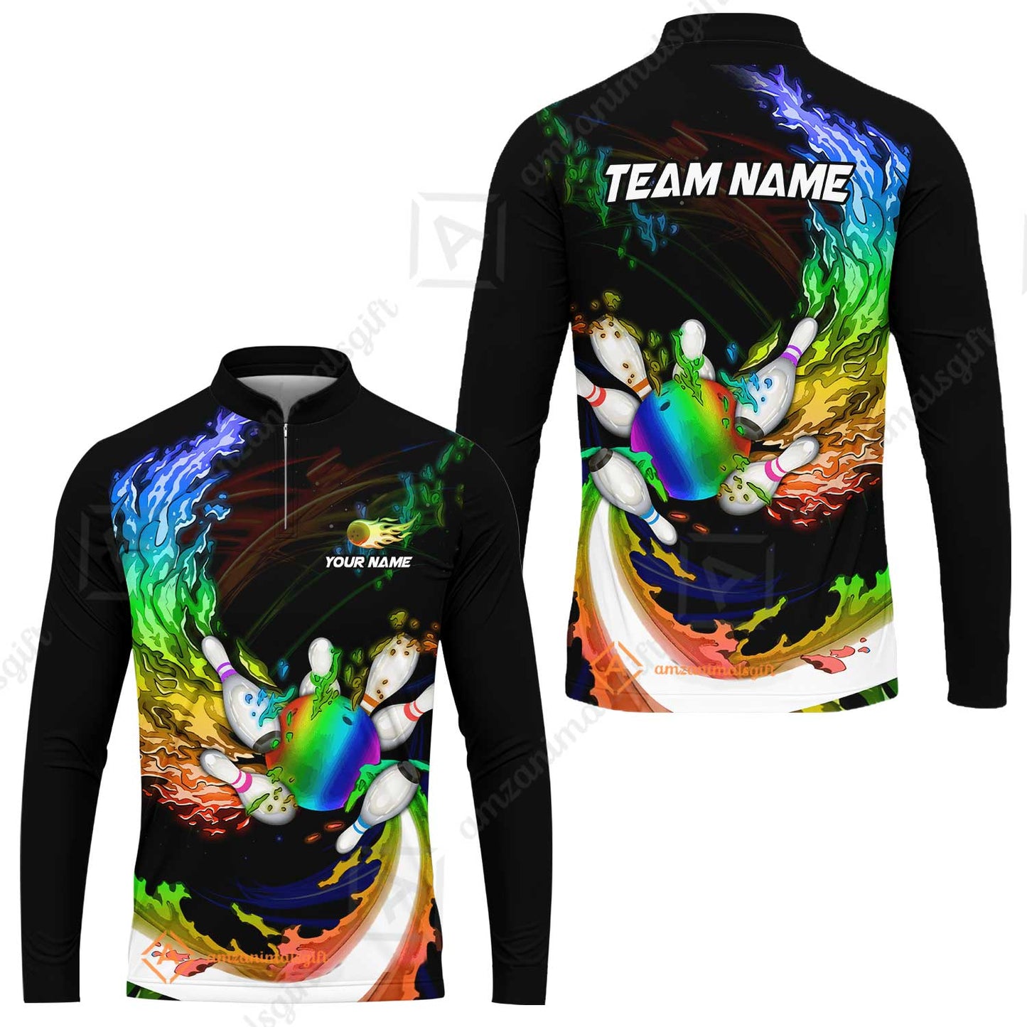 Personalized Bowling Team Long Sleeve Jersey Breath Of Flaming Bowling Ball And Pins Multicolor Custom Name, Team Name For Bowlers