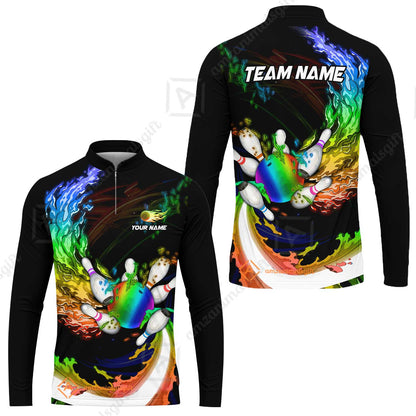 Personalized Bowling Team Long Sleeve Jersey Breath Of Flaming Bowling Ball And Pins Multicolor Custom Name, Team Name For Bowlers