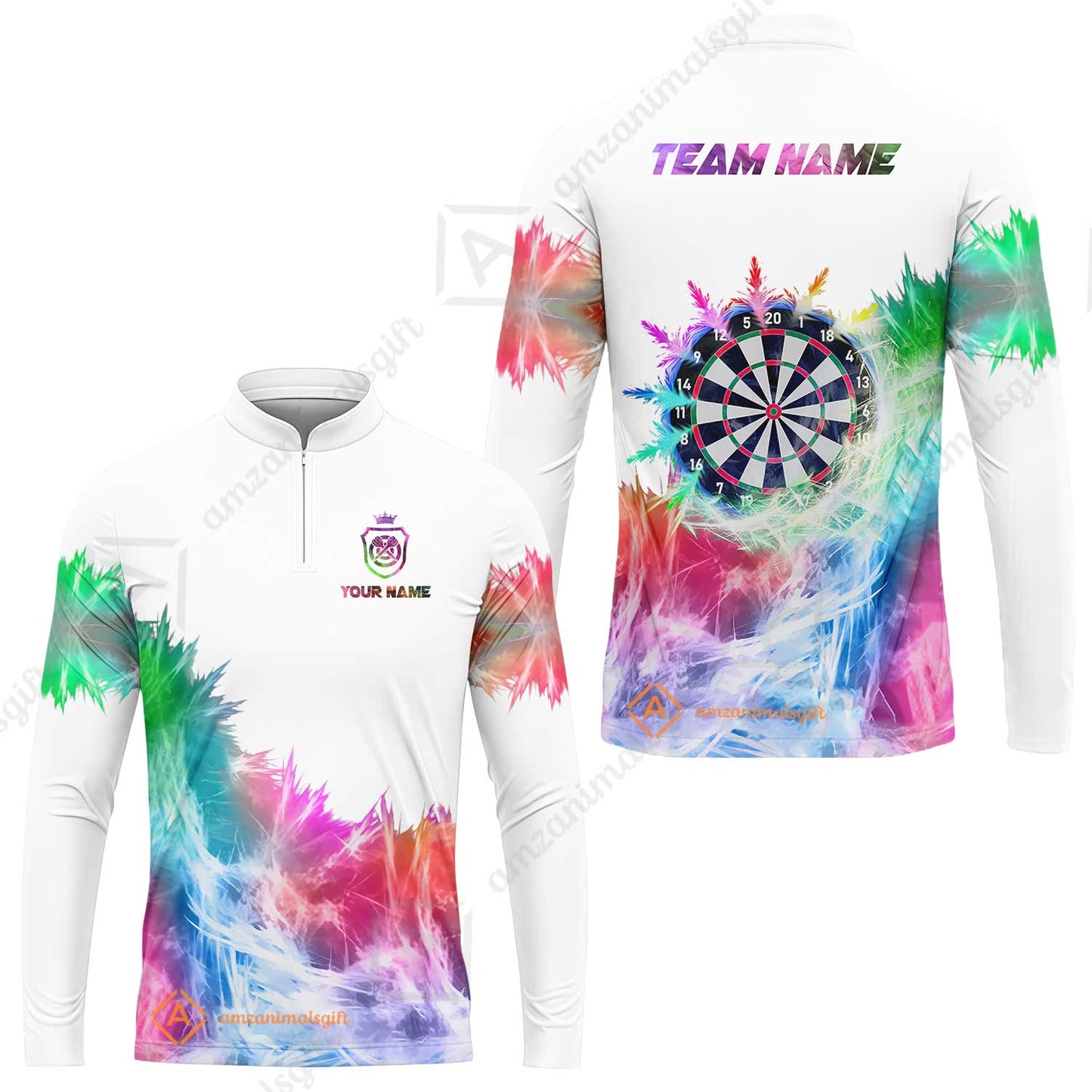 Customized Darts Long Sleeve Jersey, Darts Icy Light White And Multi Color Team Long Sleeve Jersey For Darts Player