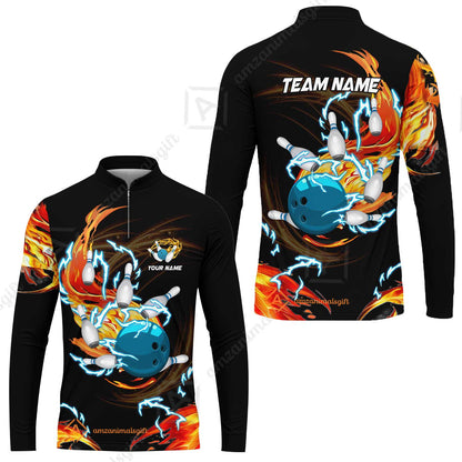 Customized Bowling Thunder Flame Long Sleeve Jersey, Bowling Ball & Pins Breath Of Thunder Flame Multicolor Option, Perfect Outfit For Bowlers