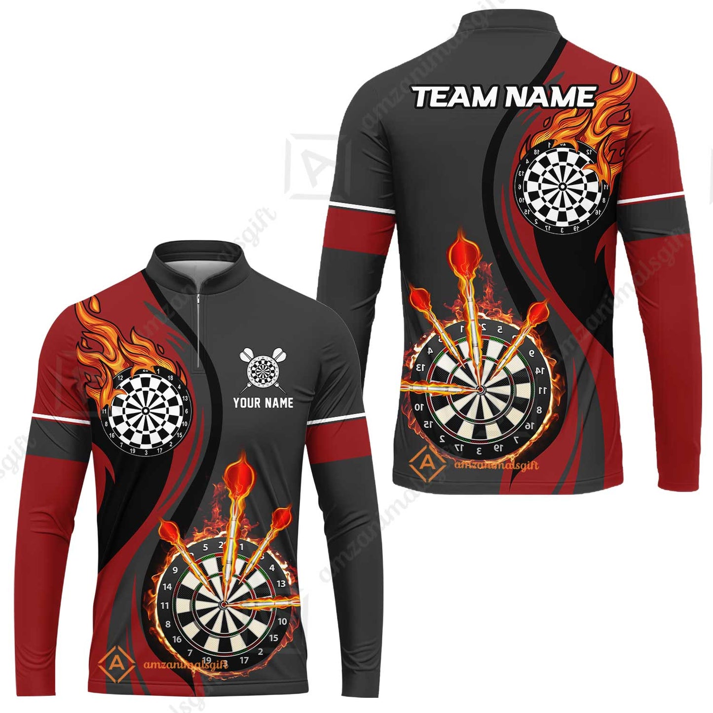 Custom Tailored Fire Flames Darts Team Jersey Polo Quarter-Zip Shirts, Customized Name Team Name Darts Team Jerseys Uniform