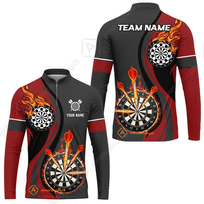 Custom Tailored Fire Flames Darts Team Jersey Polo Quarter-Zip Shirts, Customized Name Team Name Darts Team Jerseys Uniform