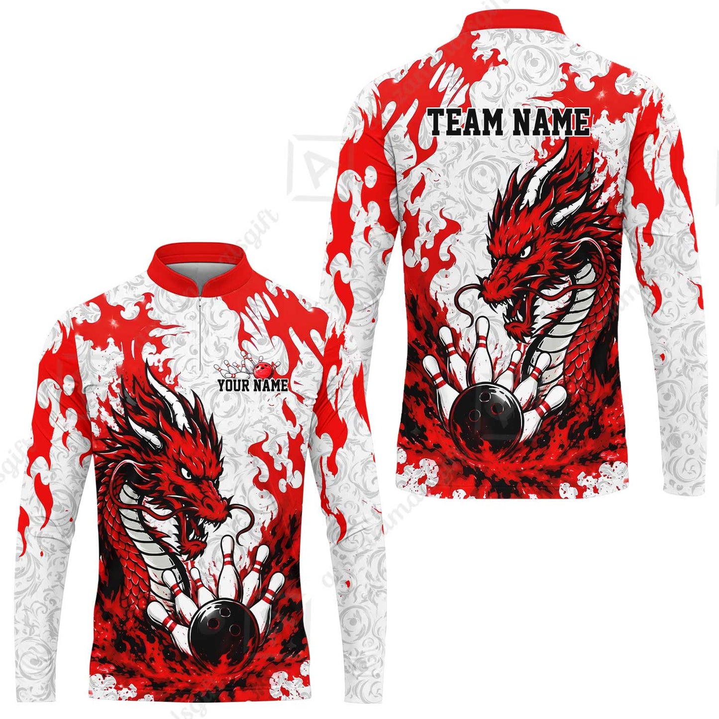 Custom Bowling Jersey Polo Shirt, Fierce Crimson Fire Dragon Strike, Custom Bowling Jersey Team Shirt For Players With Name and Team Name