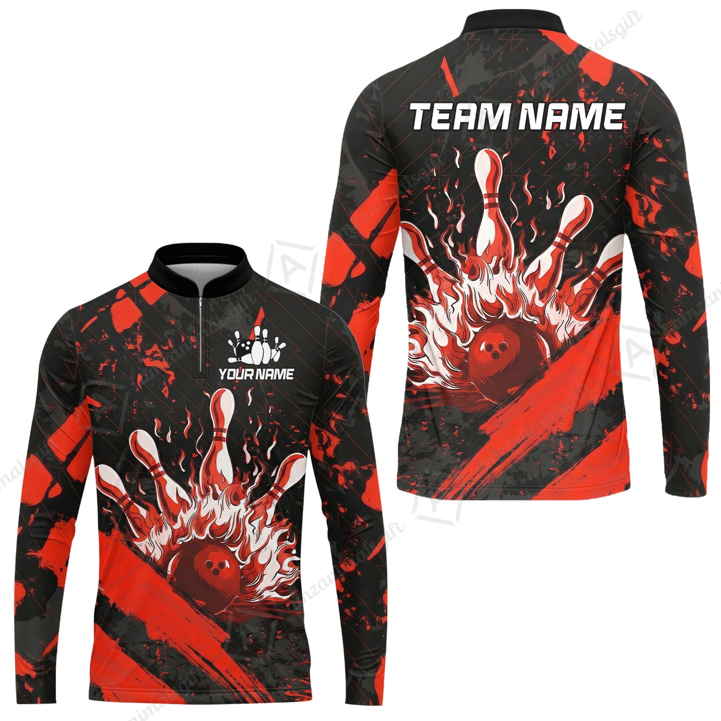 Customized Bowling Unisex Polo Shirt, Bowling And Pins Grunge Flame, Bowling Uniform - Personalized Name And Team Name