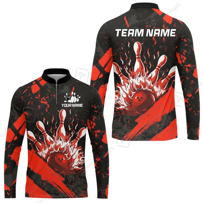 Customized Bowling Unisex Polo Shirt, Bowling And Pins Grunge Flame, Bowling Uniform - Personalized Name And Team Name