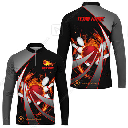 Customized Bowling Unisex Polo, Flame Bowling And Pins Tornado Pattern Multicolor Option Customized Name Zipper Polo Jerseys Shirts