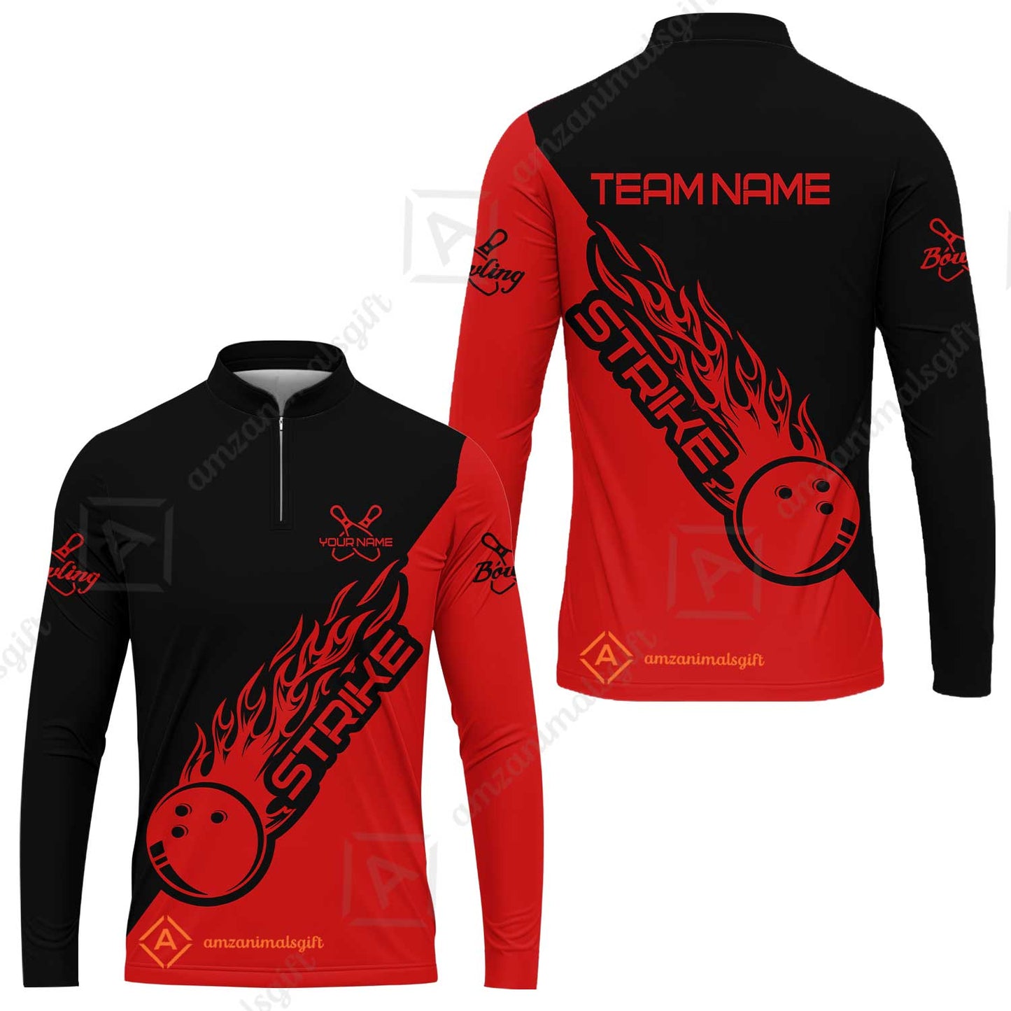 Bowling Customized Jersey Black Red Shirt Strike Ball Bowling Tenpin Quarter Zip Shirt For Bowlers, Bowling Team