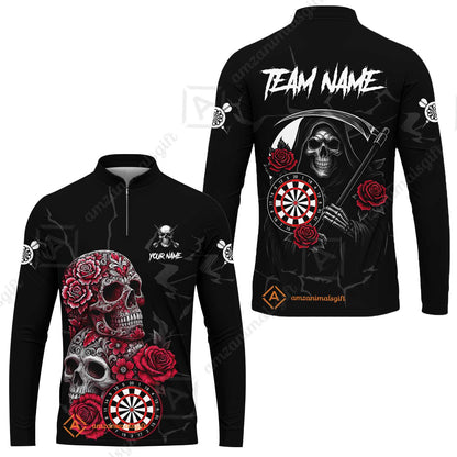 Customized Darts Long Sleeve Jersey, Darts Turquoise Skull Roses Dartboard Zip Polo Style Jersey for Darts Players