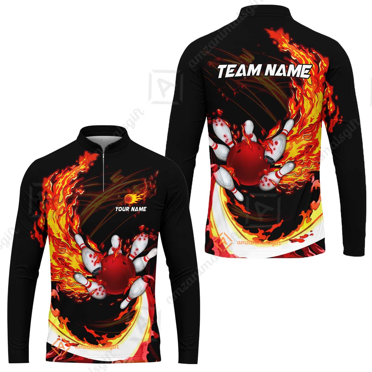 Customized Bowling Polo Team Jerseys, Breath Of Fire Bowling And Pins Multicolor Option Customized Name And Team Name For Bowling Team