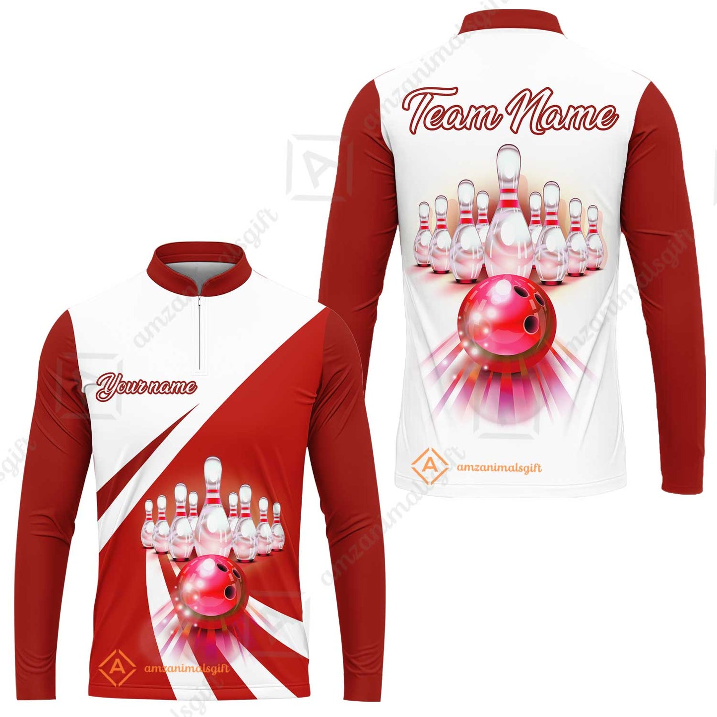 Bowling Customized Jersey White Red Shirt Rolling Bowling Tenpin Quarter Zip Shirt, Outfit For Bowlers, Bowling Team