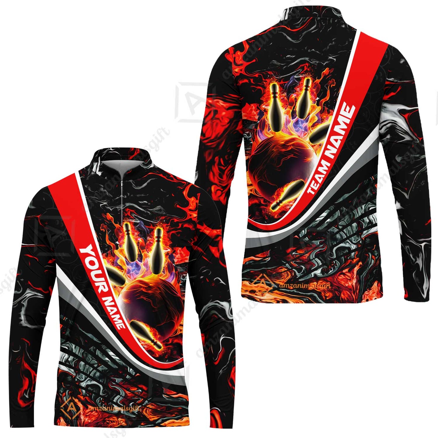 Customized Bowling Polo, Flaming Magma Bowling And Pins Multicolor Option Customized Name Team Name For Bowling Team Shirts