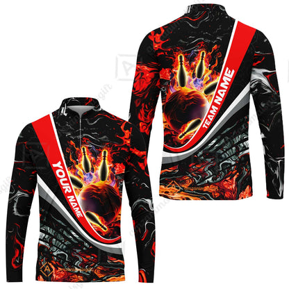 Customized Bowling Polo, Flaming Magma Bowling And Pins Multicolor Option Customized Name Team Name For Bowling Team Shirts
