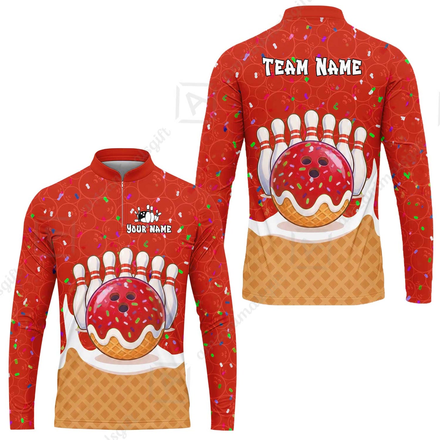 Custom Bowling Jersey Polo Shirt, Bowling Sprinkles Ice Cream Cone, Personalized Name & Team Name
