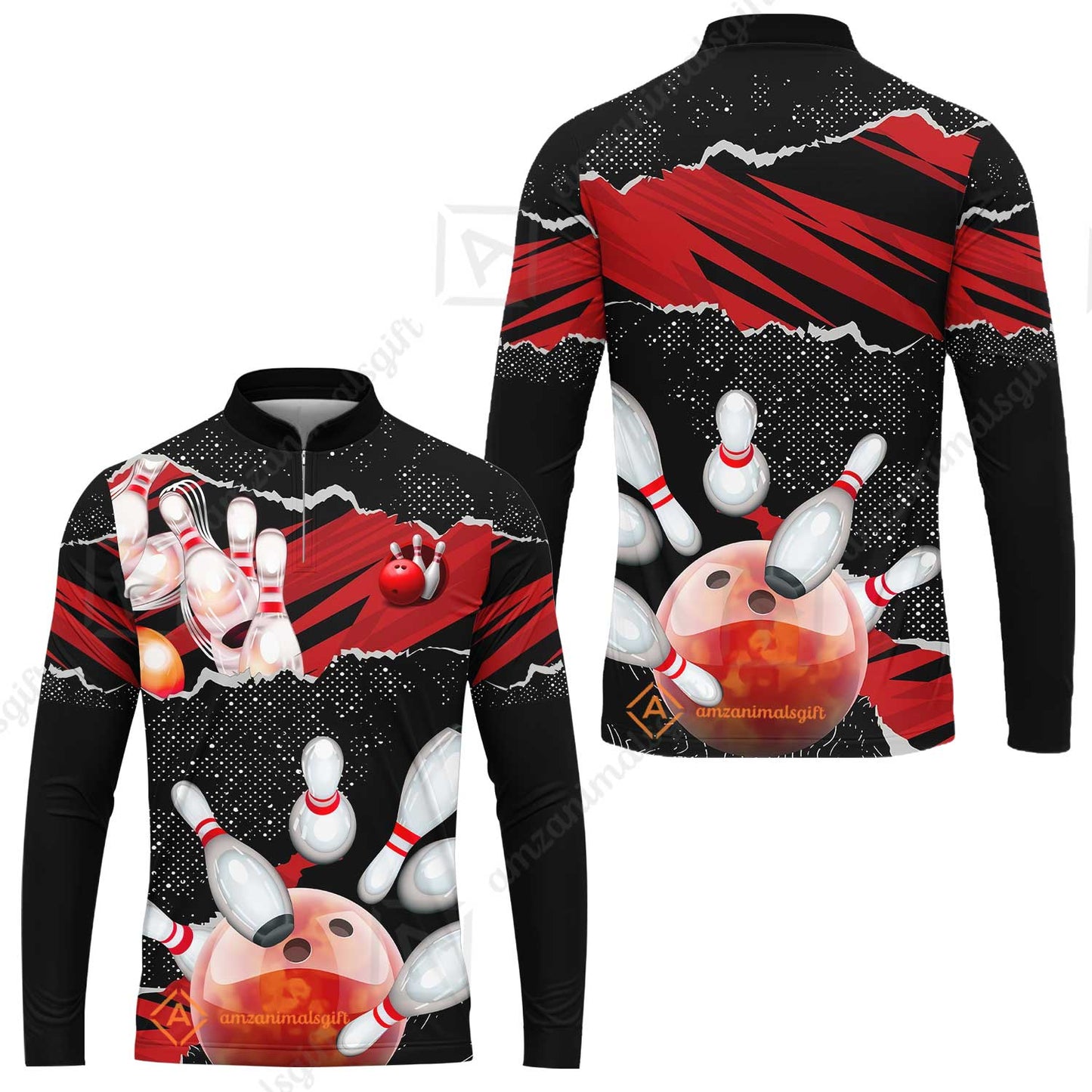 Personalized Bowling Team Long Sleeve Jersey, Bowling Uniforms Ball & Pins Sport Pattern Custom Name And Team Name