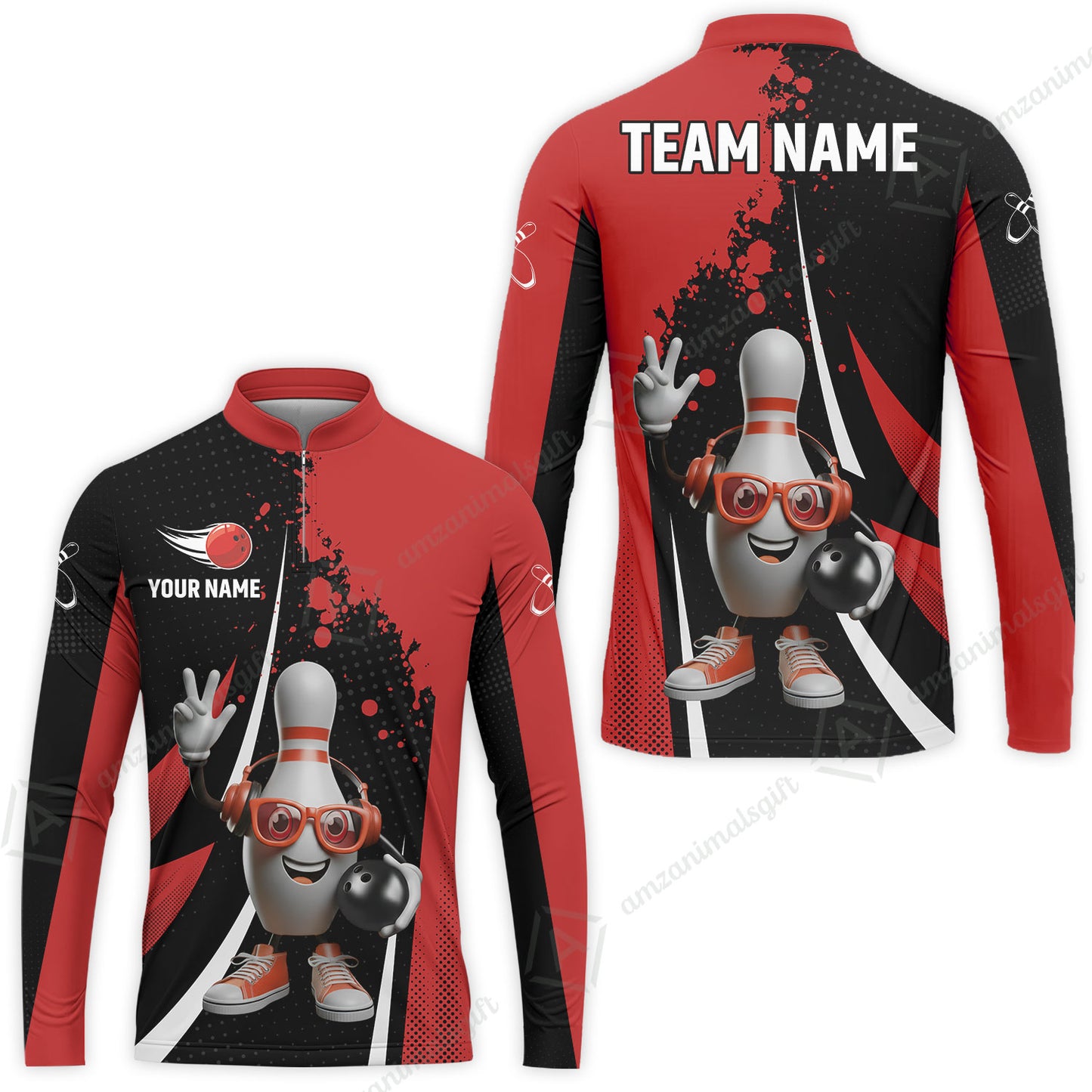 Customized Bowling Unisex Polo Shirt, Halftone Bowling Pin Wearing Headphones Sunglasses, Personalized Name And Team Name