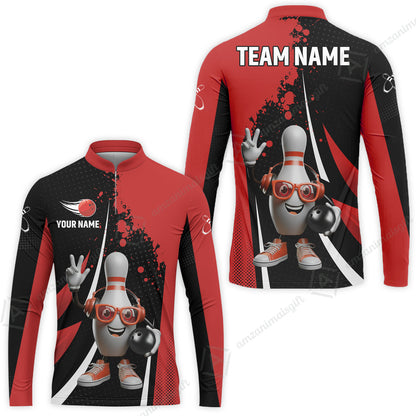 Customized Bowling Unisex Polo Shirt, Halftone Bowling Pin Wearing Headphones Sunglasses, Personalized Name And Team Name