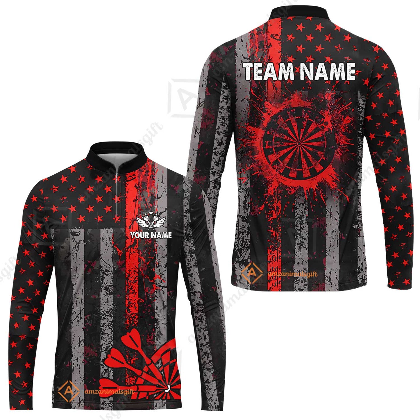 Customized Darts Long Sleeve Jersey, Turquoise Grunge US Flag Patriotic Darts Long Sleeve Jersey Team Style Jersey for Darts Players