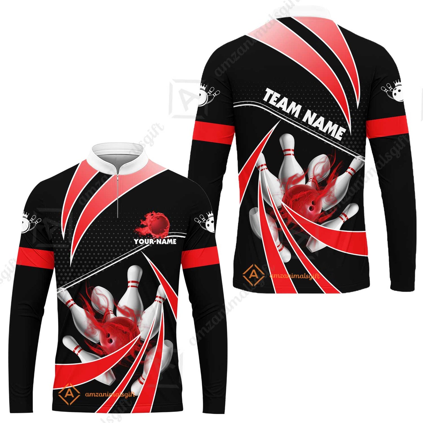 Customized Bowling Long Sleeve Jersey, Bowling Ball & Pins Fire Light Sport Long Sleeve Jersey Multicolor Option For Bowlers