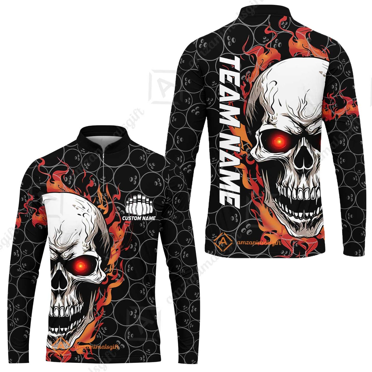 Personalized Bowling Unisex Polo Shirt, Green Flaming Skull Shirt For For Team Men Women Bowlers