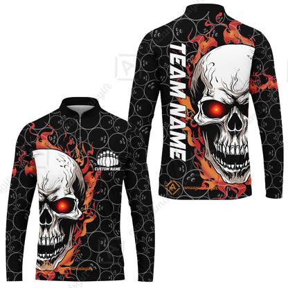 Personalized Bowling Unisex Polo Shirt, Green Flaming Skull Shirt For For Team Men Women Bowlers