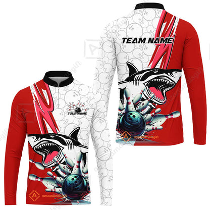 Custom Shark Bowling Team Jersey,  Shark Bowling Jersey Multicolor Polo Quarter-Zip Shirts, Bowling Uniforms Jerseys, Custom Name And Team Name