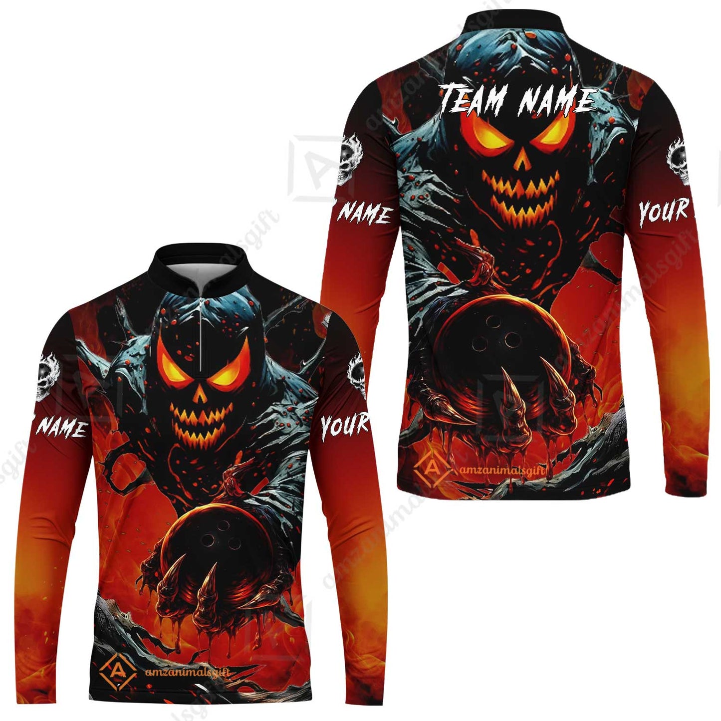 Custom Bowling Team Flat Neck Zip Jersey Shirt, Devil’s Strike Devil’s Strike Power Bowling Edition, Personalized Team Shirt with Custom Name