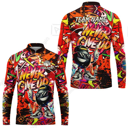 Customized Bowling Unisex Polo Shirt, Graffiti Bowling Funny Never Give Up Bowling Uniform, Personalized Name And Team Name