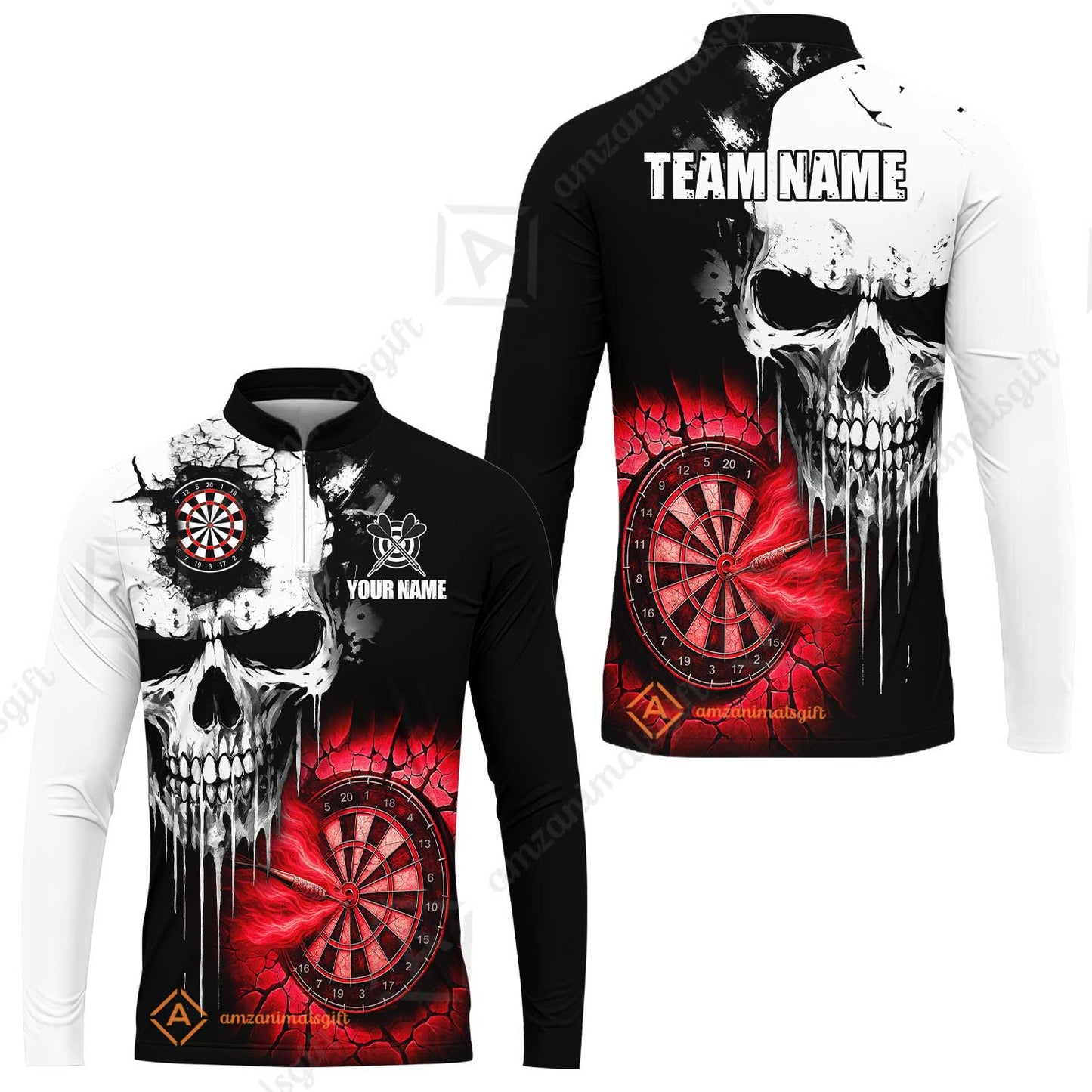 Custom Grunge Skull Crack Wall Darts Team Long Sleeve Jersey, Customized Name Team Name Darts Polo Team Jerseys Uniform