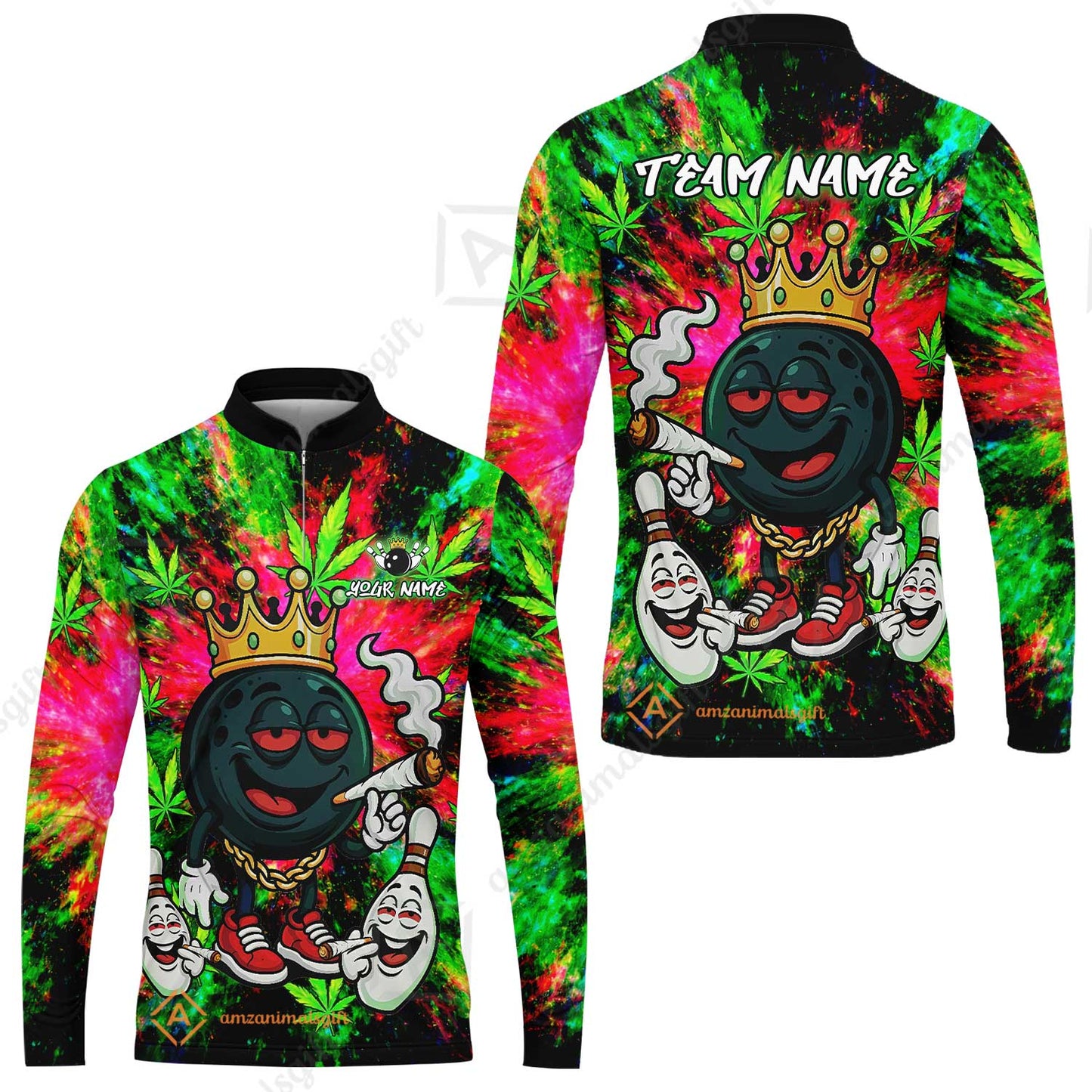 Custom Bowling Team Flat Neck Zip Jersey Shirt, King Smoke Tie-Dye Personalized Team Shirt, Custom Name and Team Name for Bowlers
