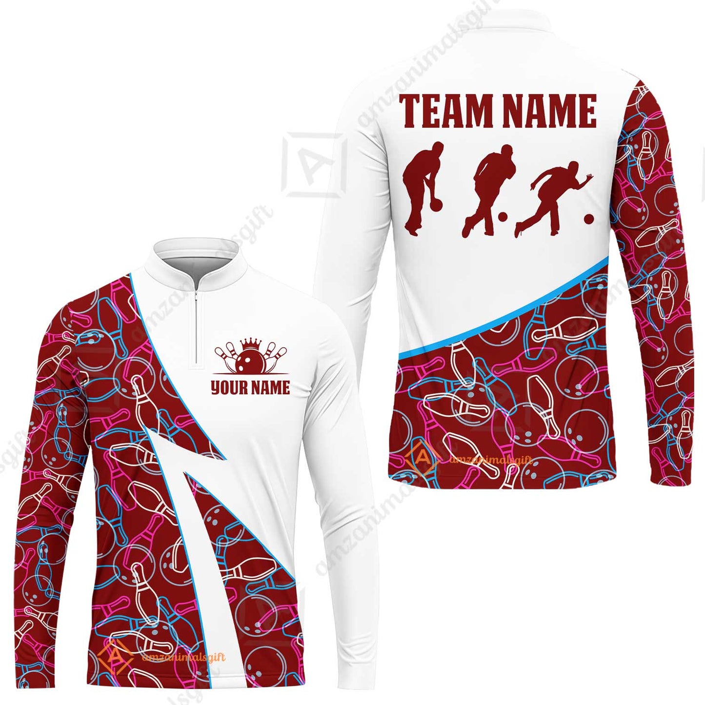Custom Bowling Team Bowling Jersey, Neon Pattern Bowling Jersey With Player Silhouettes Multicolor Polo Quarter-Zip Shirts, Custom Bowling Uniforms Jerseys