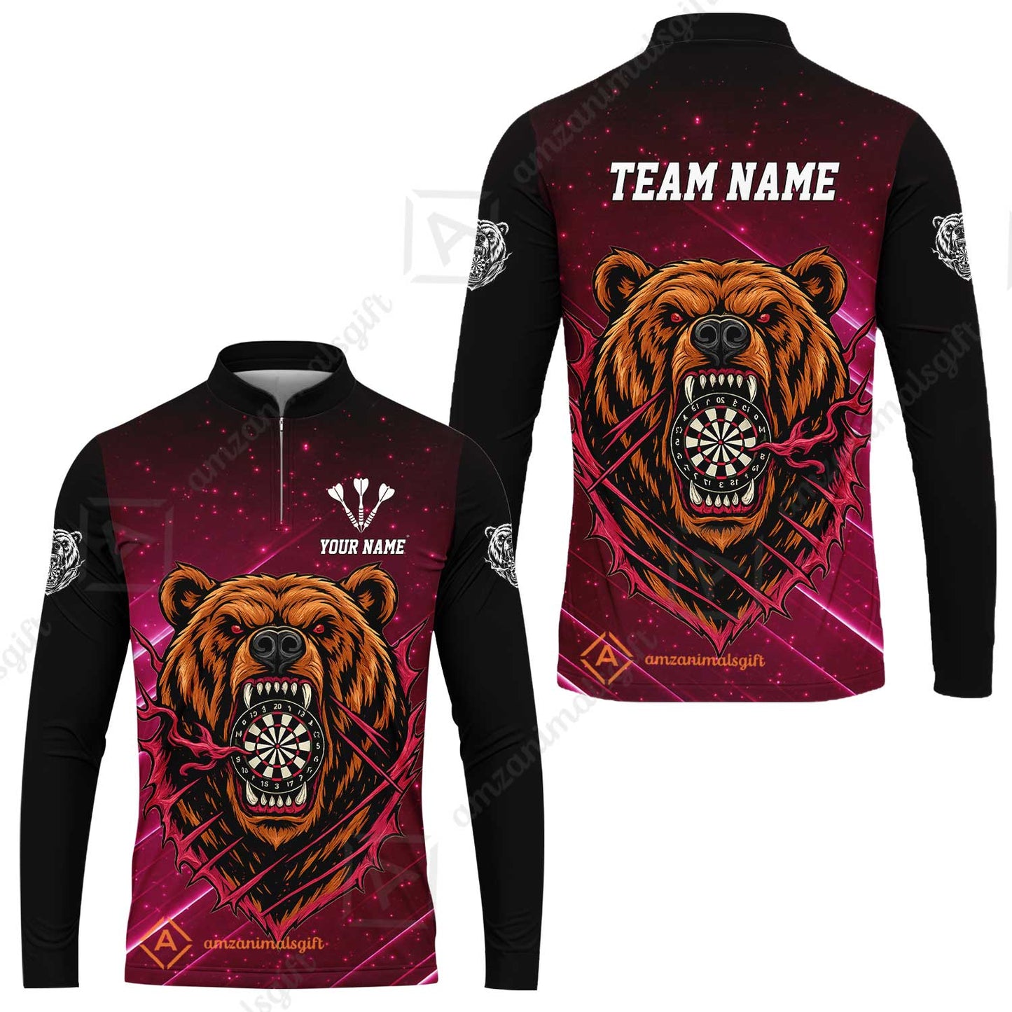Customized Darts Team Uniform Shirt, Personalized Furious Bear Darts Collar Quarter-Zip Shirt with Name & Team Name